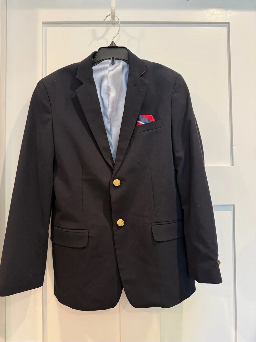 Izod Boys' Navy Blazer with Gold Buttons and Pocket Square
